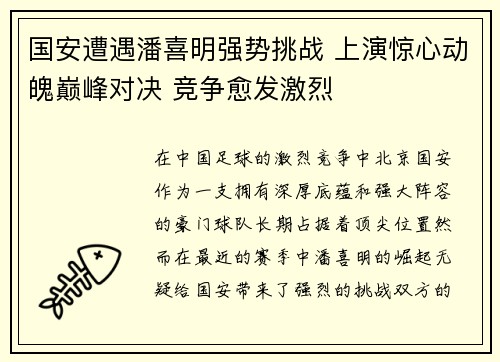 国安遭遇潘喜明强势挑战 上演惊心动魄巅峰对决 竞争愈发激烈